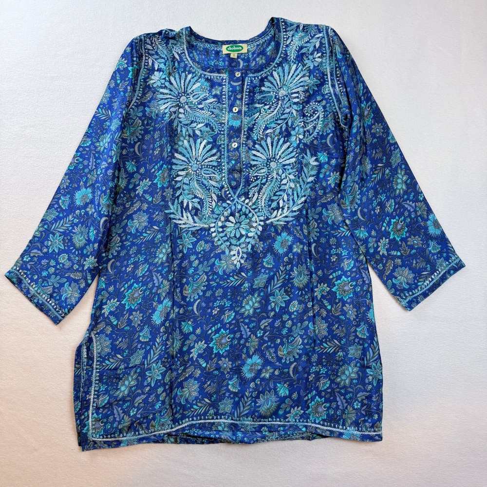 Dolma Tunic Women Small Blue Floral 3/4 Sleeve Kurta Artisian Festival Ethnic